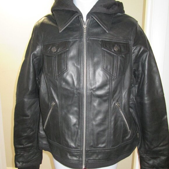 Black Bomber Leather Jacket with Removable Hood NEW Sz M - Picture 6 of 11